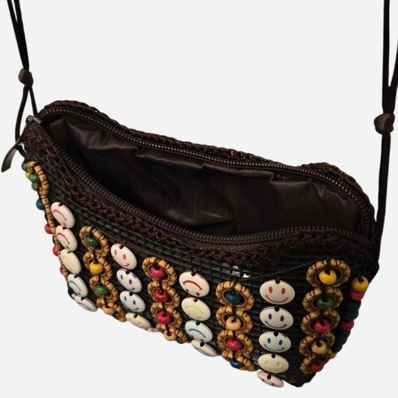 VTG Boho 90s Smiley Face Coconut Shell Beaded Festival Mini Crossbody Bag Y2K - Picture 4 of 12